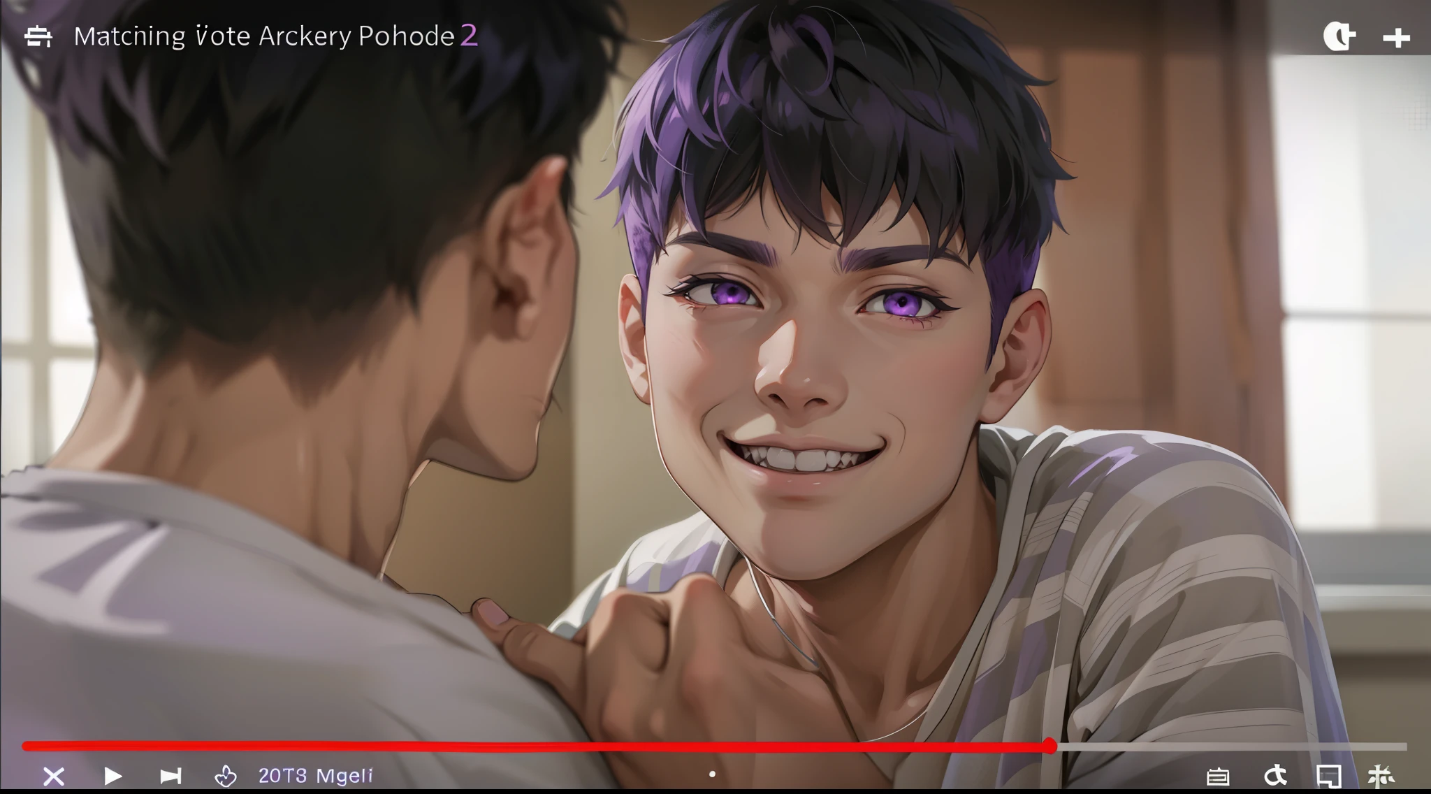 (estilo anime 2d plano)cute 16 year old boy speaks evil with hate with a mischievous smile malevolent irony purple hair purple eyes aura of evil he is dangerous murderer