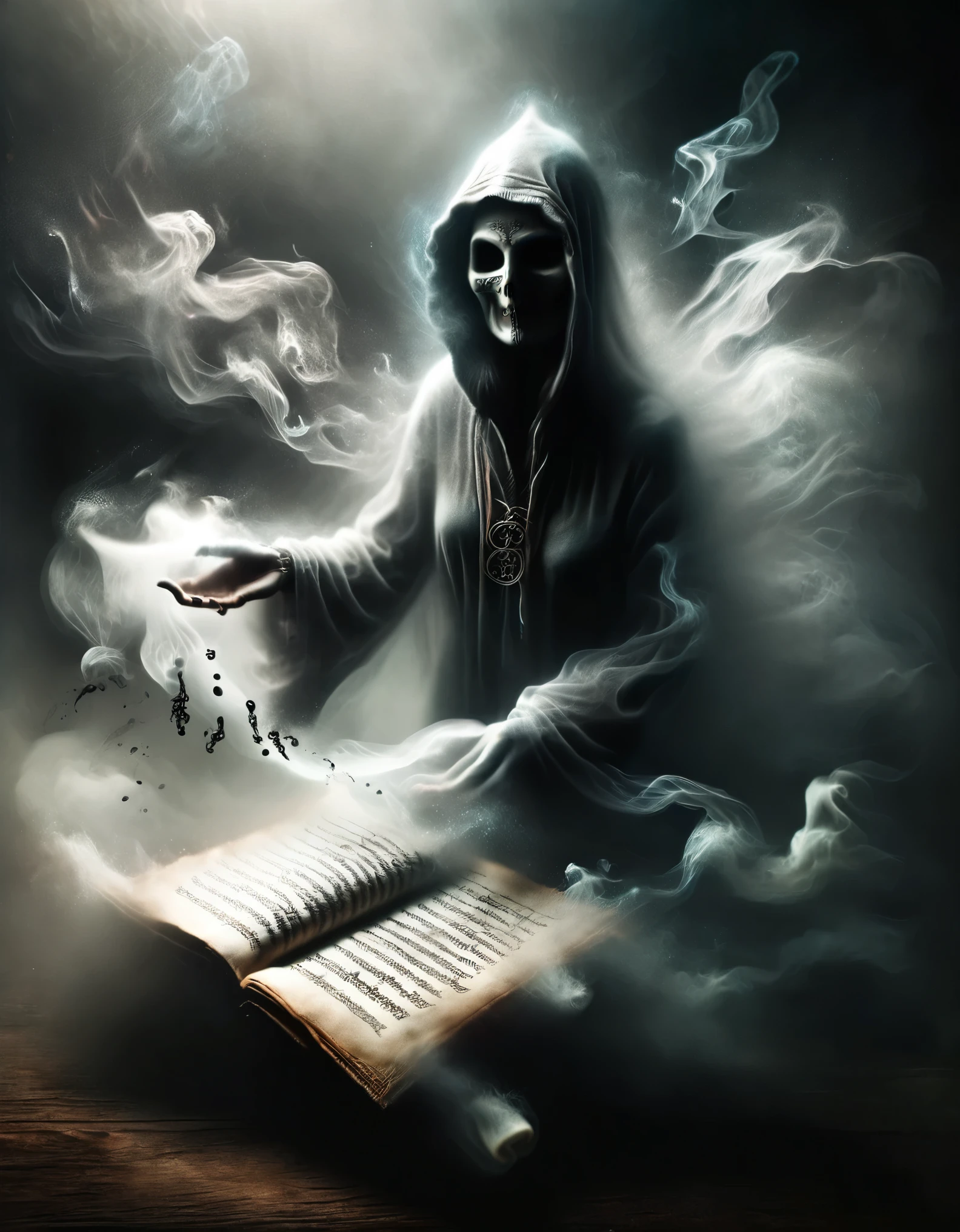 A hooded figure stands amidst swirling mist, holding a scroll inscribed with secrets of the future. With a mischievous grin, she whispers prophecies to those brave enough to seek her counsel, revealing the twists and turns of destiny.