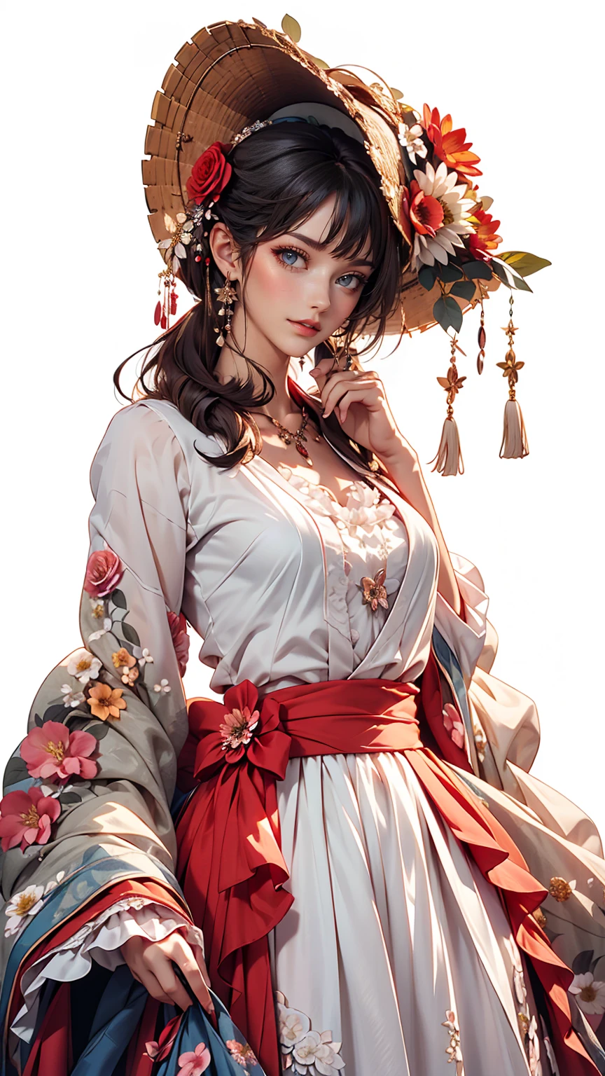 masterpiece, highest quality, One girl, 一人in, length_hair, Looking_in_Audience, white hair, Red eyes, smile, 前hair, skirt, shirt, length_sleeve, hin, dress, bow, Holding, Closed_mouth, flower, Frills, hair_flower, flowerびら, flower束, Holding_flower, center_Frills, bonnet, Holding_flower束, tachi-e, whole body, White Background, 、topless、Bottomless