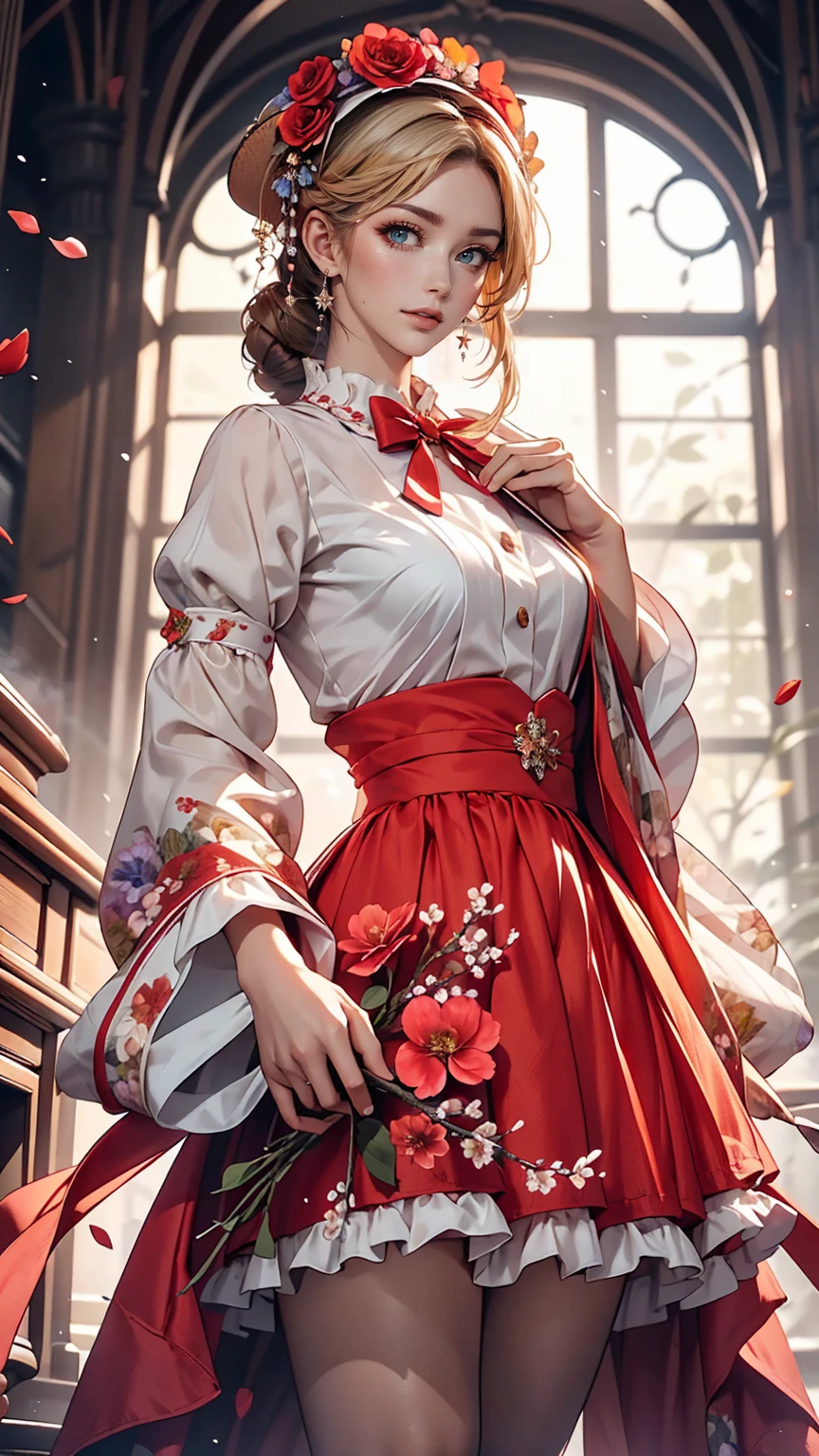 masterpiece, highest quality, One girl, 一人in, length_hair, Looking_in_Audience, white hair, Red eyes, smile, 前hair, skirt, shirt, length_sleeve, hin, dress, bow, Holding, Closed_mouth, flower, Frills, hair_flower, flowerびら, flower束, Holding_flower, center_Frills, bonnet, Holding_flower束, tachi-e, whole body, White Background, 、topless、Bottomless