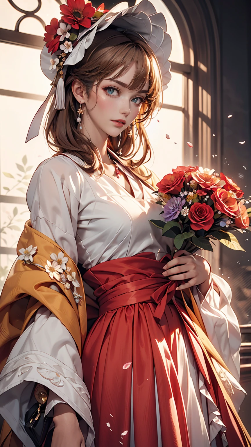 masterpiece, highest quality, One girl, 一人in, length_hair, Looking_in_Audience, white hair, Red eyes, smile, 前hair, skirt, shirt, length_sleeve, hin, dress, bow, Holding, Closed_mouth, flower, Frills, hair_flower, flowerびら, flower束, Holding_flower, center_Frills, bonnet, Holding_flower束, tachi-e, whole body, White Background, 、topless、Bottomless