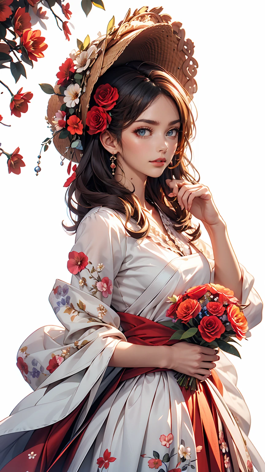 masterpiece, highest quality, One girl, 一人in, length_hair, Looking_in_Audience, white hair, Red eyes, smile, 前hair, skirt, shirt, length_sleeve, hin, dress, bow, Holding, Closed_mouth, flower, Frills, hair_flower, flowerびら, flower束, Holding_flower, center_Frills, bonnet, Holding_flower束, tachi-e, whole body, White Background, 、topless、Bottomless