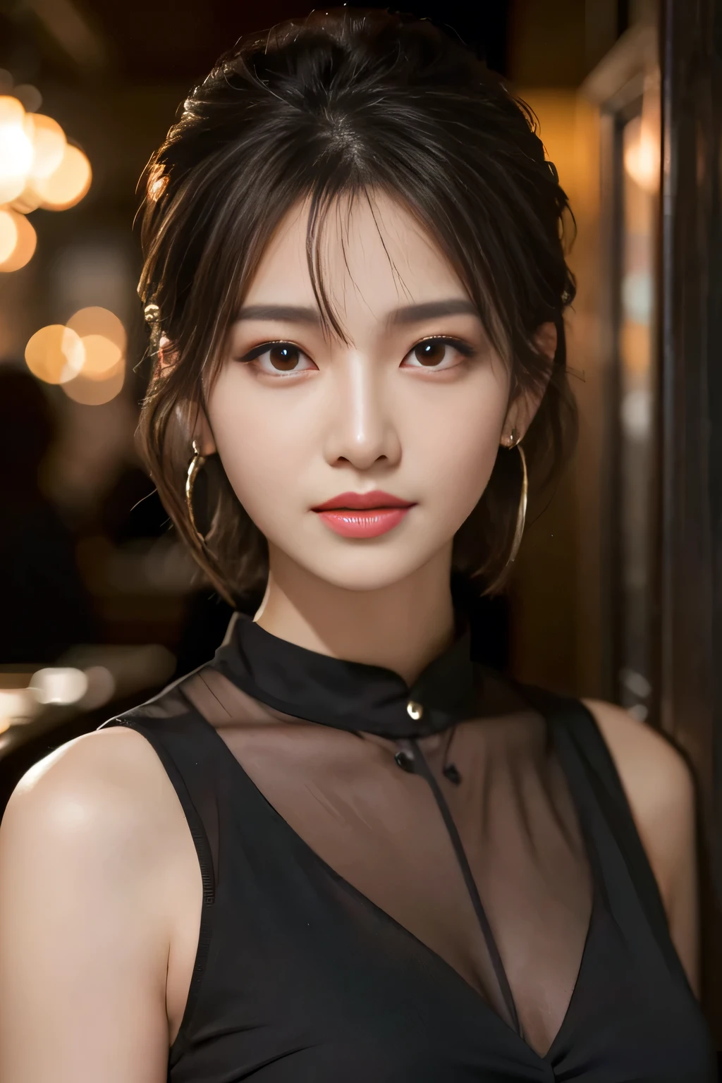 masterpiece, highest quality, Realistic, Very detailed, Finer details, High resolution, 8k wallpaper, One beautiful woman, Wear a black see-through shirt, In a great restaurant, At night, Light brown unkempt short hair, Perfect dynamic composition, Beautiful and beautiful eyes、Big earrings