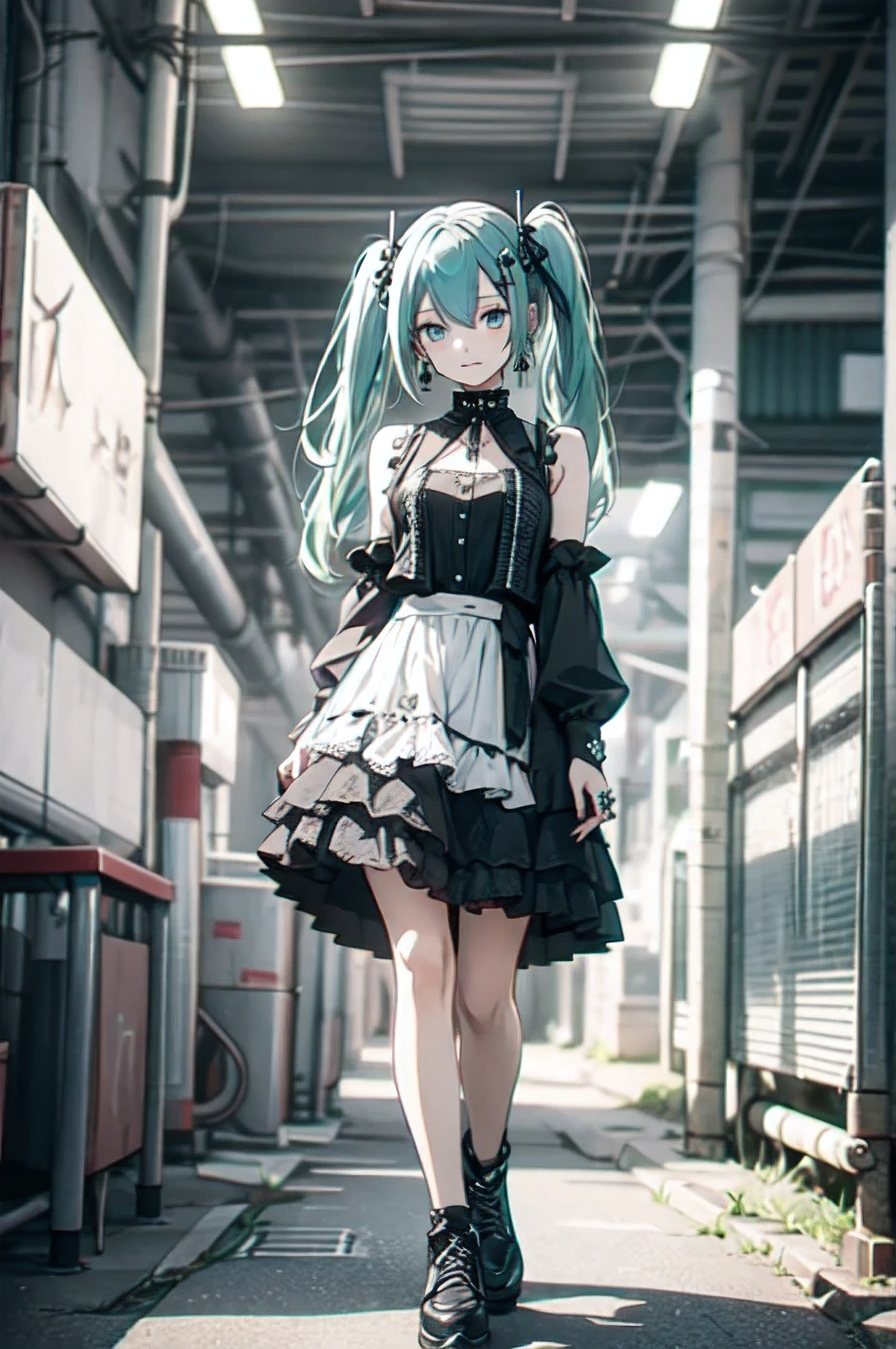 maid clothes、Green hair、miku hatsune、Twin-tailed、piercings、earrings、The tattoo、goth_punk, 1girl in, solo,、top-quality, Photorealistic, An ultra-fine illustrations, beautiful attractive anime girl, miku hatsune, Slender body, Tied hair, one girls, a photo of girl, Full body shot, Beautiful blue eyes, Turned,earrings、hair adornments、jewely、