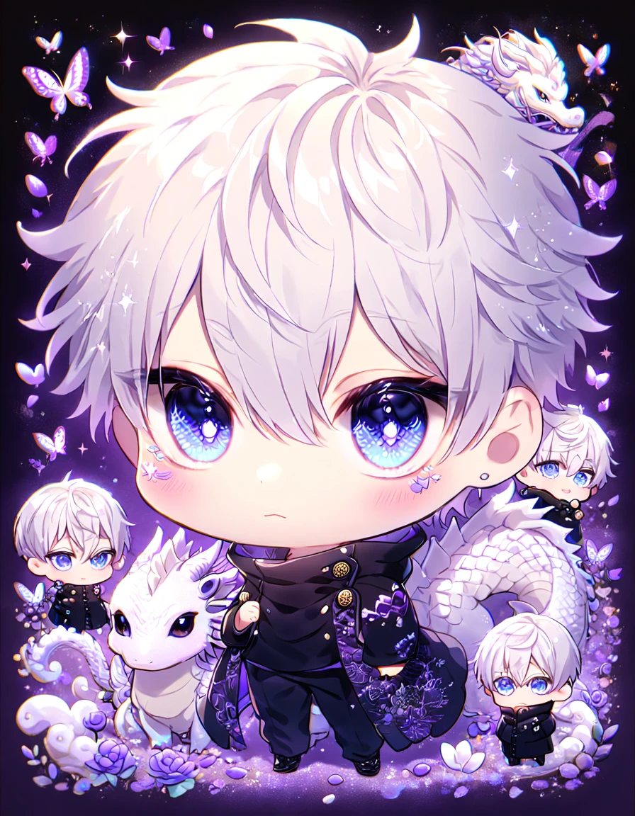 Ultra detailed, Highres, absurdres, HDR, Gojo Satoru chibi, white hair with bangs, expressive blue eyes, hair between the eyes, white eyelashes, black coat with patterns, Jujutsu Kaisen, black clothes, fantasy, glittering purple butterflies, petals, handsome, man, very detailed eyes and face, master piece, glittering, purple flowers, black pants, purple background, together with a white dragon, cute