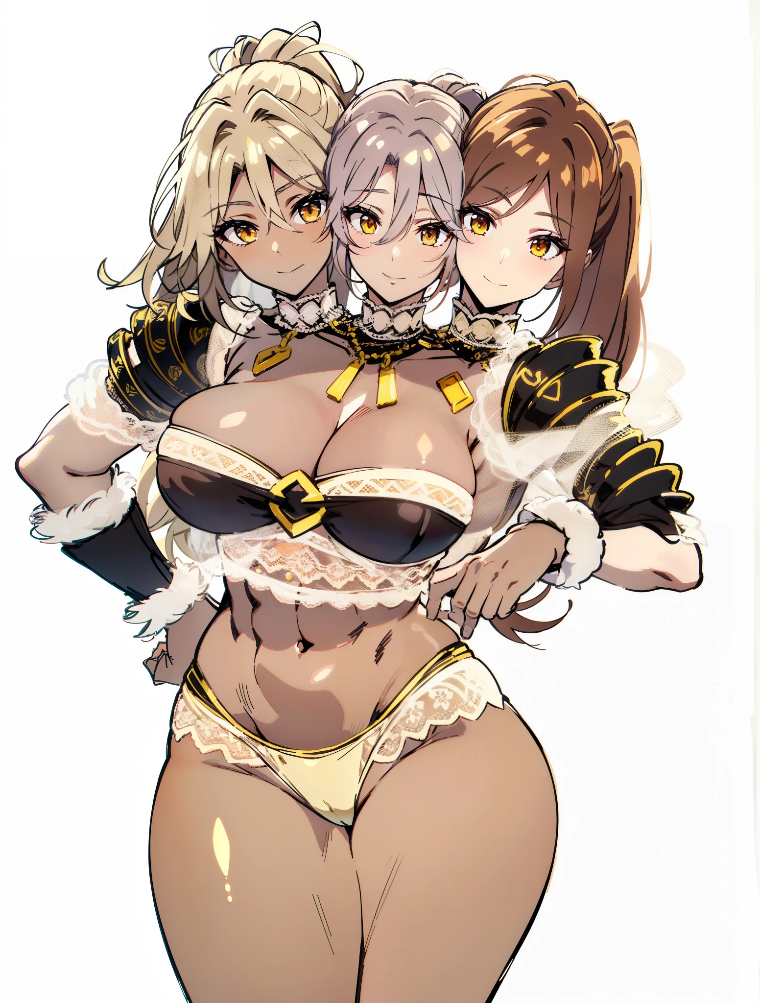 (16K), ((three headed woman)), smiling, highres, masterpiece, ((brown hair)), cleavage, large breasts, lustrous and smooth skin, (mature woman), seductive silhouette, warrior girl, sexy proportions, Beautiful girl with accentuated slender abs, seductive woman, necklace, armor bikini, strapless, sleeveless, yellow eyes, ((long bushy ponytail)), exposed midriff , cowboy shots, (dark skin), park background