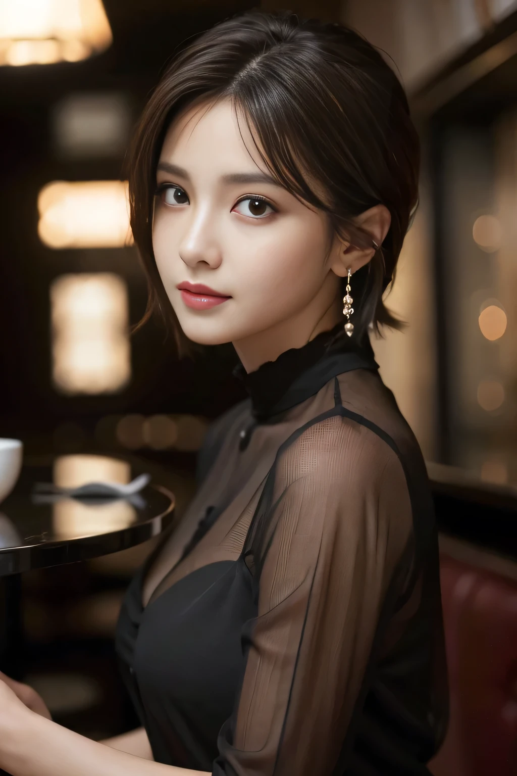 masterpiece, highest quality, Realistic, Very detailed, Finer details, High resolution, 8k wallpaper, One beautiful woman, Wear a black see-through shirt, In a great restaurant, At night, Light brown unkempt short hair, Perfect dynamic composition, Beautiful and beautiful eyes、Big earrings
