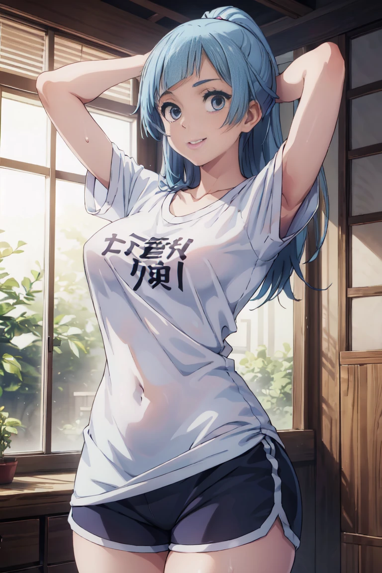 (extremely detailed CG unity 8k wallpaper),(masterpiece),(best quality),(ultra-detailed),(best illustration),(best shadow),(absurdres), Kasumi, 1girl, solo, blue hair, long hair, blue eyes, holding, bangs, blunt bangs, indoors, upper body, straight hair, white graphic tshirt, collarbone, Standing in bedroom , large breasts, Extremely wide hips, thick thighs, facing camera, looking at viewer, (wide hips), beautiful japanese garden background, dolfine shorts, dshorts, lips seperated, cleavege, athletic shorts, Extremely tight shorts,booth shorts, perfect face, kasumi miwa, miwa, handsome on head, arms up, sweating ,hot, ponytail,36 year old mature woman, medium breasts, lips seperated, beautiful lips, shiny lips, delicate lips, Extremely short shorts, overisezed shirt, shirt going down to hips, smiling 