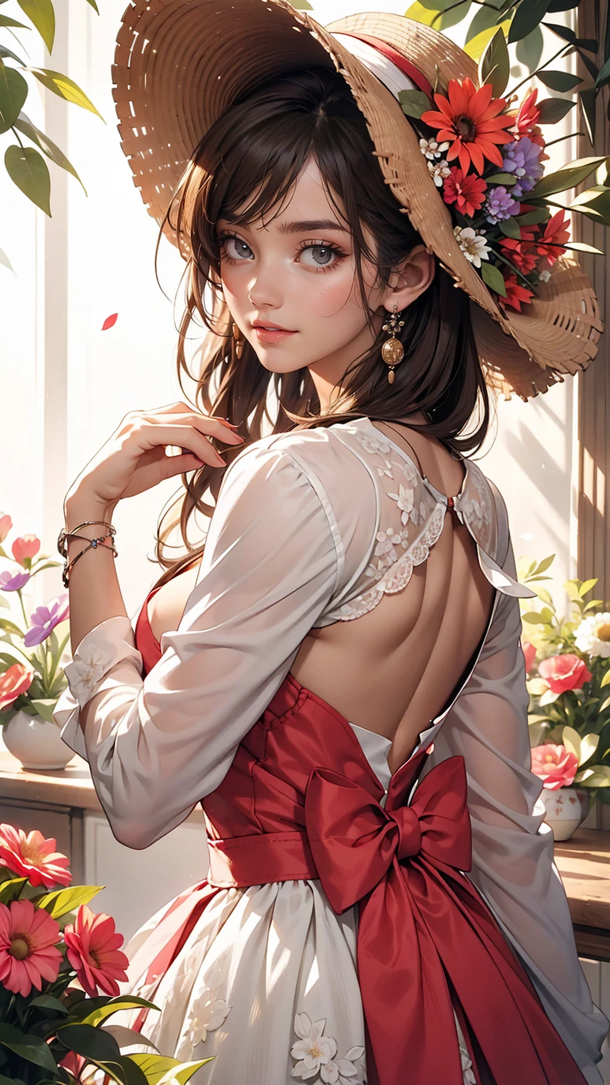 masterpiece, highest quality, One girl, 一人in, length_hair, Looking_in_Audience, white hair, Red eyes, smile, 前hair, skirt, shirt, length_sleeve, hin, dress, bow, Holding, Closed_mouth, flower, Frills, hair_flower, flowerびら, flower束, Holding_flower, center_Frills, bonnet, Holding_flower束, tachi-e, whole body, White Background,  、topless、Bottomless