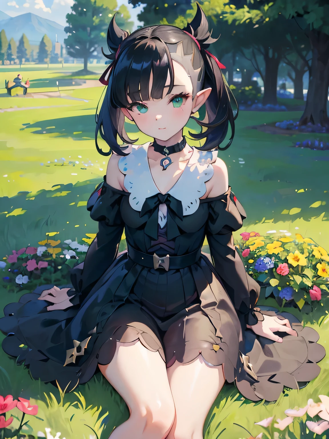 ((best quality)), ((masterpiece)), (detailed), perfect face, elf, young girl, black hair, bangs, green eyes, black dress, flowers, pink flowera, happy, happy, sunny, green grass, lawn, white lace choker, romantic, soft smile, looking at viewer, portrait, flat, ribbons, ((marnie pokemon))