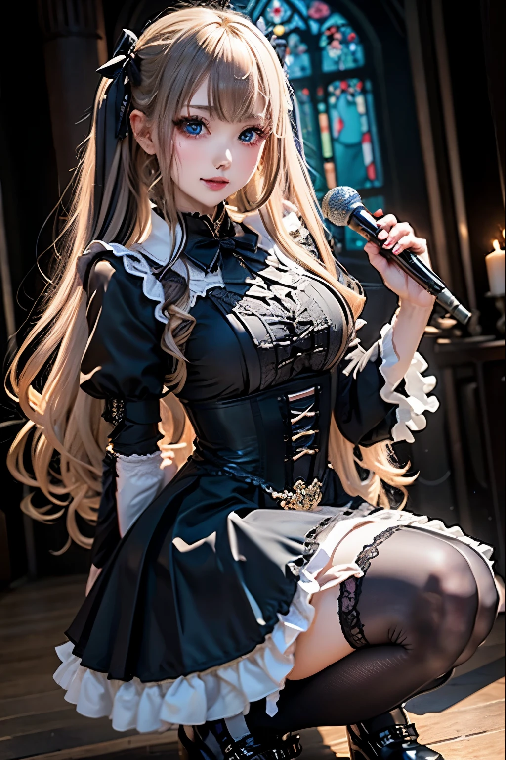 ハードDark Gothicメイク、Deep Night Sky、Horror、Black dark eyeshadow、cry、sad、Good skin radiance、Dark Gothicメイク、Dark smile、palace、The beauty of fragrance、24-years-old、Expressions of intense sexual pleasure、Embarrassed look、Dark Gothic、Obscene language、highest quality、Drunk face、紫のMaid clothes、Mysterious、Noble、sexy、Loving smile、Twin tail hair、Right blue eye, Left eye is red、Platform Heel Shoes、Heavy makeup、Gothic Lolita Clothing、A little slimmer、Silver Hair、Long Hair Straight Hair、Cute Gothic Lolita Dress、Beautiful Face、elegant features、Fascinating face、Stained glassが背景、Chest glistening with sweat、The room is dark、gothic long dress、Bell Sleeves、Wizard Sleeve、Decadent look、Sexually excited expression、Glossy thighs wet with water、Thighs that are wet and shiny with oil、Background of a room full of roses、sad表情、The embroidery is pink、The dress has pink embroidery、Thigh-high socks、Knee-high socks、Gentle expression、Dark black eyeshadow、Stained glassと薔薇背景、Female Duo、Female couple、dark church background、Stained glass、Black metal world、Dark Castle、Dark Room、Slender body、upright、walk、Are standing、gothic long dresaid clothes、Victorian dresses、Her thighs glisten with sweat、My body is wet and shiny、Lots of glitter on the thighs、sweating、My thighs are sticky from sweating、Sweat glistens on the thighs, The whole body is sweaty and shiny、Quite sweaty、My thighs are sweaty、My thighs are so wet、My thighs are shining with sweat、A lot of sweat glistens all over the body、The thighs are the best、Thighs are glamorous、Small breasts、Playing guitar、Singing while playing the guitar、les paul guitar、Holding a guitar、Playing in a band、Playing guitar chords、Practicing guitar、Grab the microphone stand、Sing a song、Embodying the guitar、Decorate your guitar、An enthusiastic live music venue、Splendid stage、