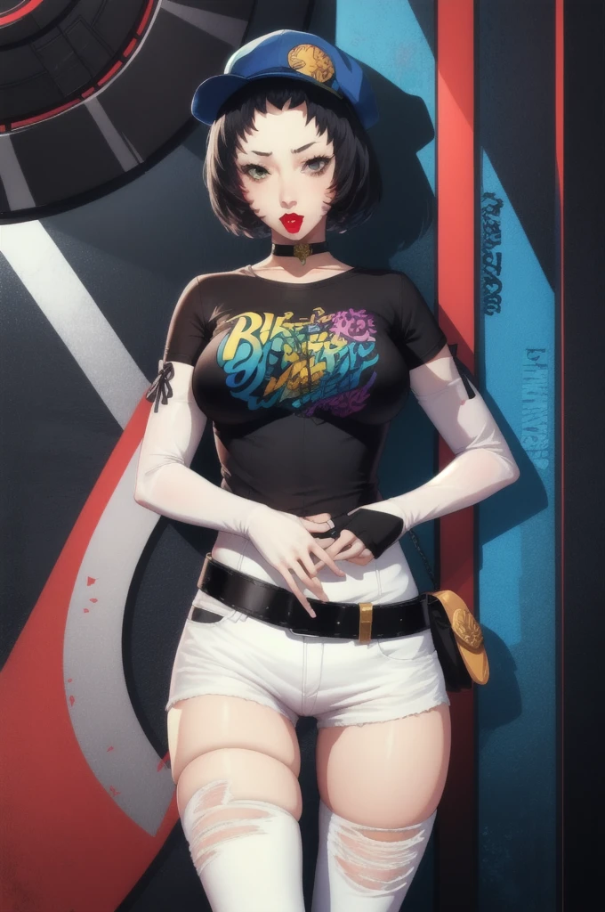 Highly detailed, High Quality, Masterpiece, beautiful, MarieP4, 1girl, solo, standing, black t-shirt, white shirt, blue jeans, belt, lipstick, large breasts, layered sleeves