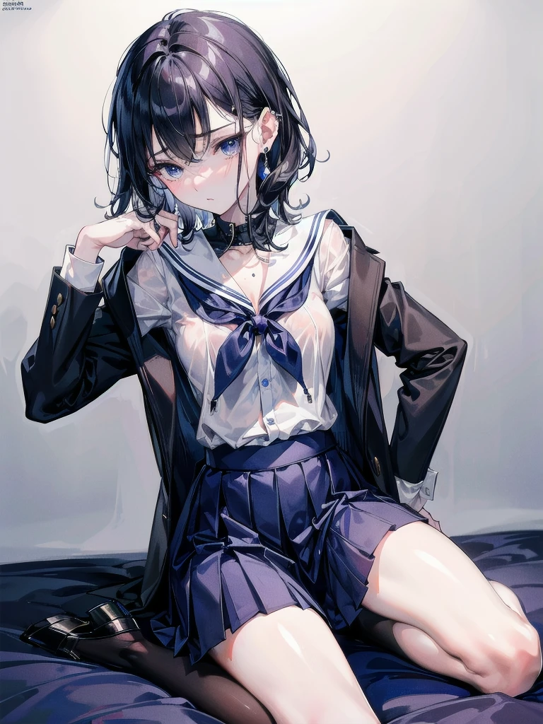 full body, navy blue school_uniform, absurdres, RAW photo, extremely delicate and beautiful, masterpiece, Best Quality, ultra high resolution, 32k, hyperrealistic, ultra-detailed, perfect figure, detailed description, pale skin, 20 years old, detailed beautiful face and eyes, tearful mole, earring, short medium hair, wavy hair,