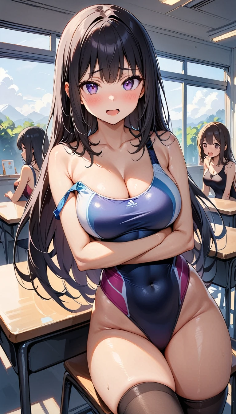 (cute eyes), (sparkling eyes), (8K、Best image quality、highest quality、masterpiece)、Detailed face、(2 girls)、Improve、(Black Hair, Purple Eyes, long hair)、(open mouth), (embarrassed), (skinny body),(medium breasts), (competition swimsuit), (strap slip), (cleavage), Sit on a chair, Classroom Background, (black stockings), (Thighs), (Waistline)