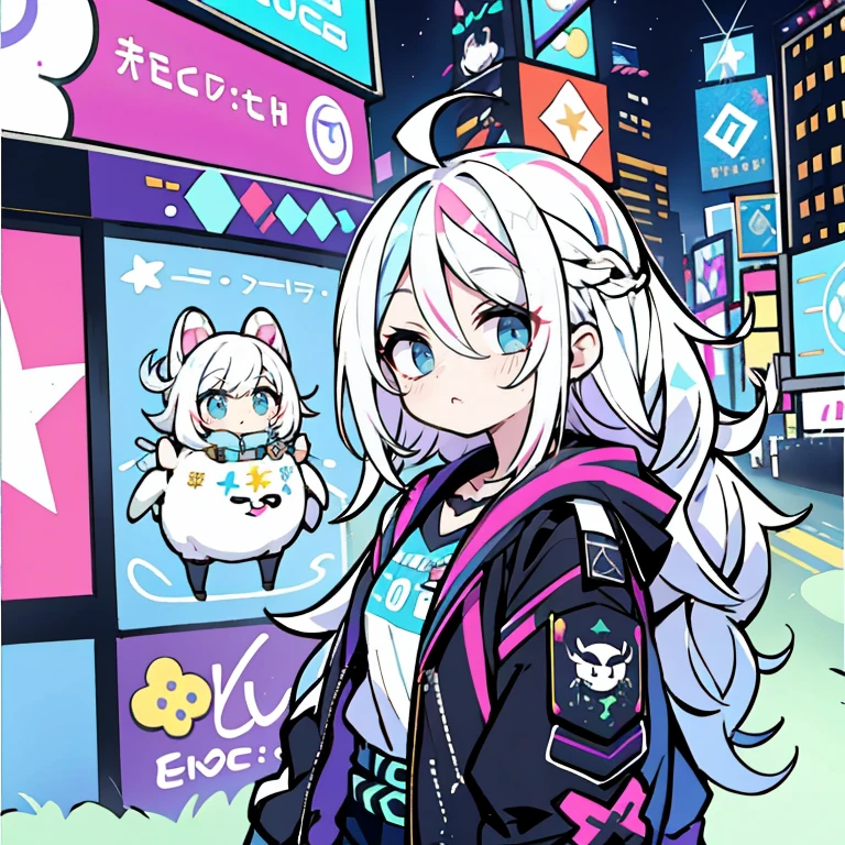 2 meninas、rainbow hair、parca、alpercatas、cabelos lisos、fones de ouvido、longo、(Sentado no meio da estrada)、a noite、neon、Times Square、ciberpunk、Harajuku、Pirulitos、garota da escola、Uma minissaia、colorido