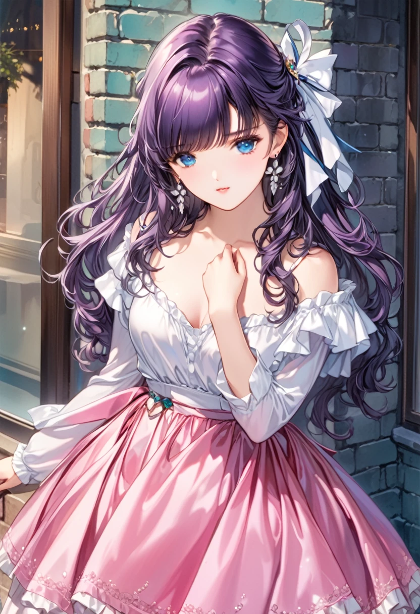 score_9,score_8_superior,score_7_superior,masterpiece,highest quality,so beautiful,Absurd,Official Art,Official Style,Anime screenshots,
One girl,alone,Long Hair,blue eyes,jewelry,Earrings,hair ornaments,Purple Hair,Brick wall,Long sleeve,View Viewer,ribbon,dress,bangs,hair ribbon,Traditional Media,
