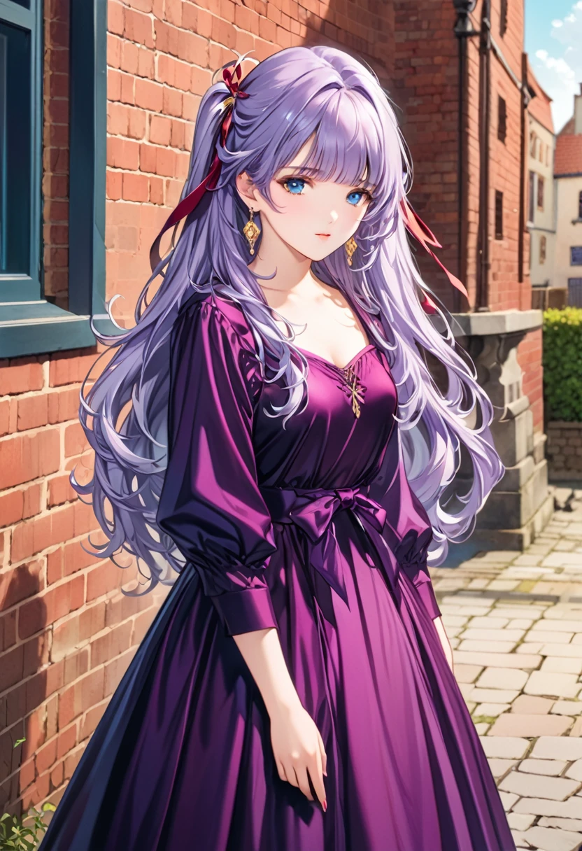 score_9,score_8_superior,score_7_superior,masterpiece,highest quality,so beautiful,Absurd,Official Art,Official Style,Anime screenshots,
One girl,alone,Long Hair,blue eyes,jewelry,Earrings,hair ornaments,Purple Hair,Brick wall,Long sleeve,View Viewer,ribbon,dress,bangs,hair ribbon,Traditional Media,
