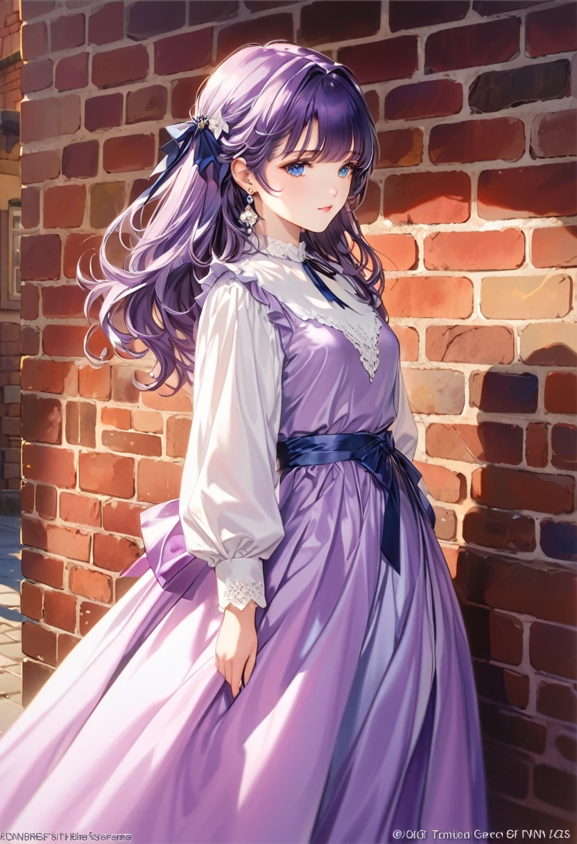 score_9,score_8_superior,score_7_superior,masterpiece,highest quality,so beautiful,Absurd,Official Art,Official Style,Anime screenshots,
One girl,alone,Long Hair,blue eyes,jewelry,Earrings,hair ornaments,Purple Hair,Brick wall,Long sleeve,View Viewer,ribbon,dress,bangs,hair ribbon,Traditional Media,
