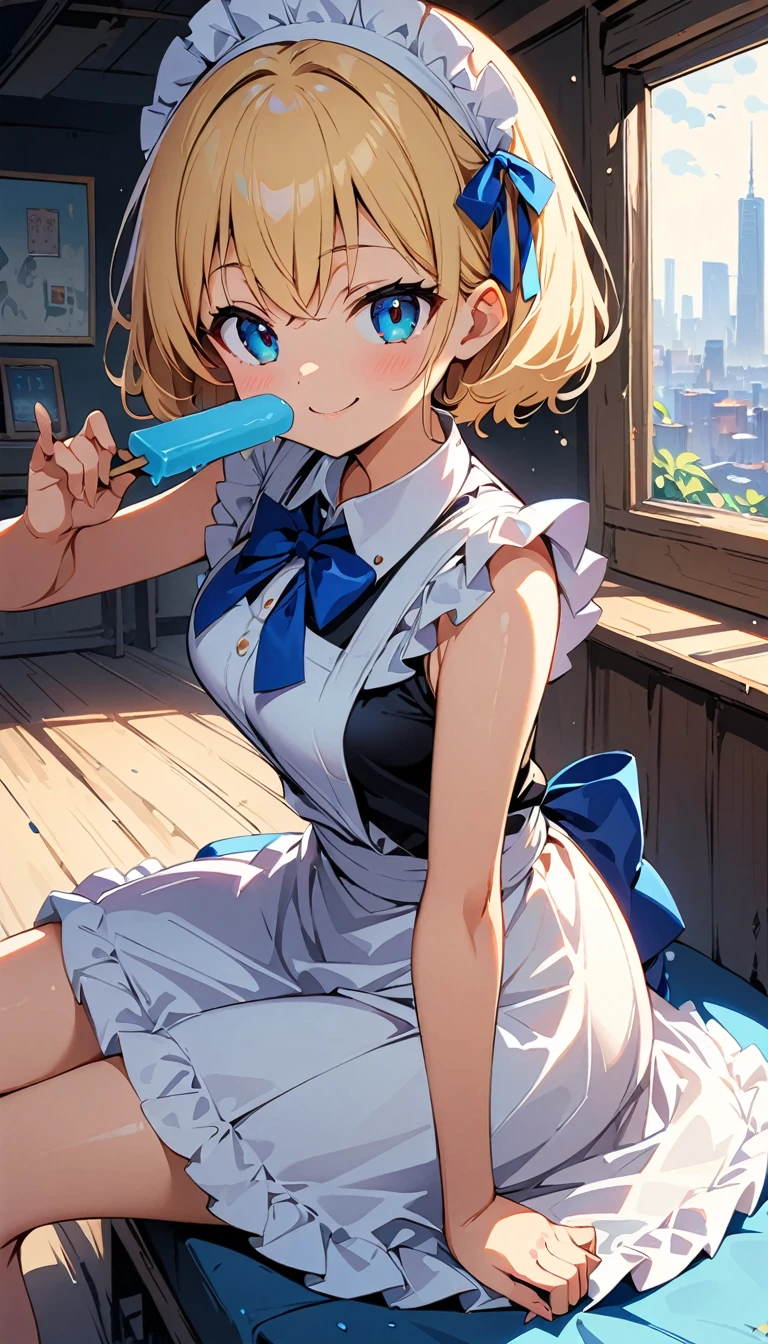 (highest quality:1.2, 4K, 8k, Studio Anime, Very detailed, up to date, Vibrant, High detail, High Contrast, masterpiece:1.2, highest quality, Best aesthetics), (((1 girl))), Sitting, Maid, Maid服, Blue Ribbon, Frills, Lick:1.2, smile, Popsicles, 舌を出してLick, Cute Girls, Get closer, Friendly atmosphere, Fun and young々Shii々Cool vibe, Precision and focus, Striking contrast,