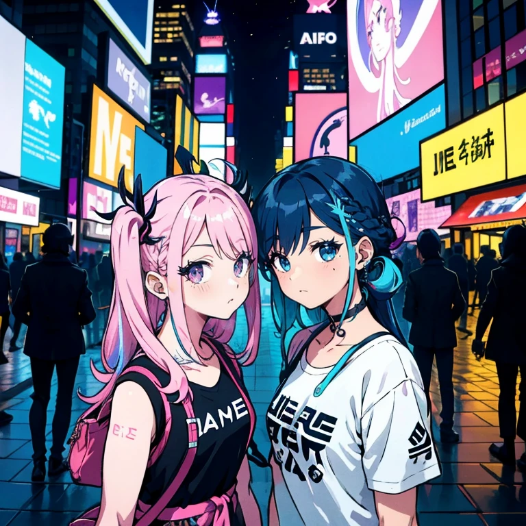 masterpiece, 1girl ((20year old, Black short sleeve hoodie exposes navel, tight blue jeans, medium breasts, multicolor pink hair, twin ponytails, green eyes, Happiness, headphones, urban cityscape at night, neon lights and towering skyscrapers, futuristic and energetic atmosphere))