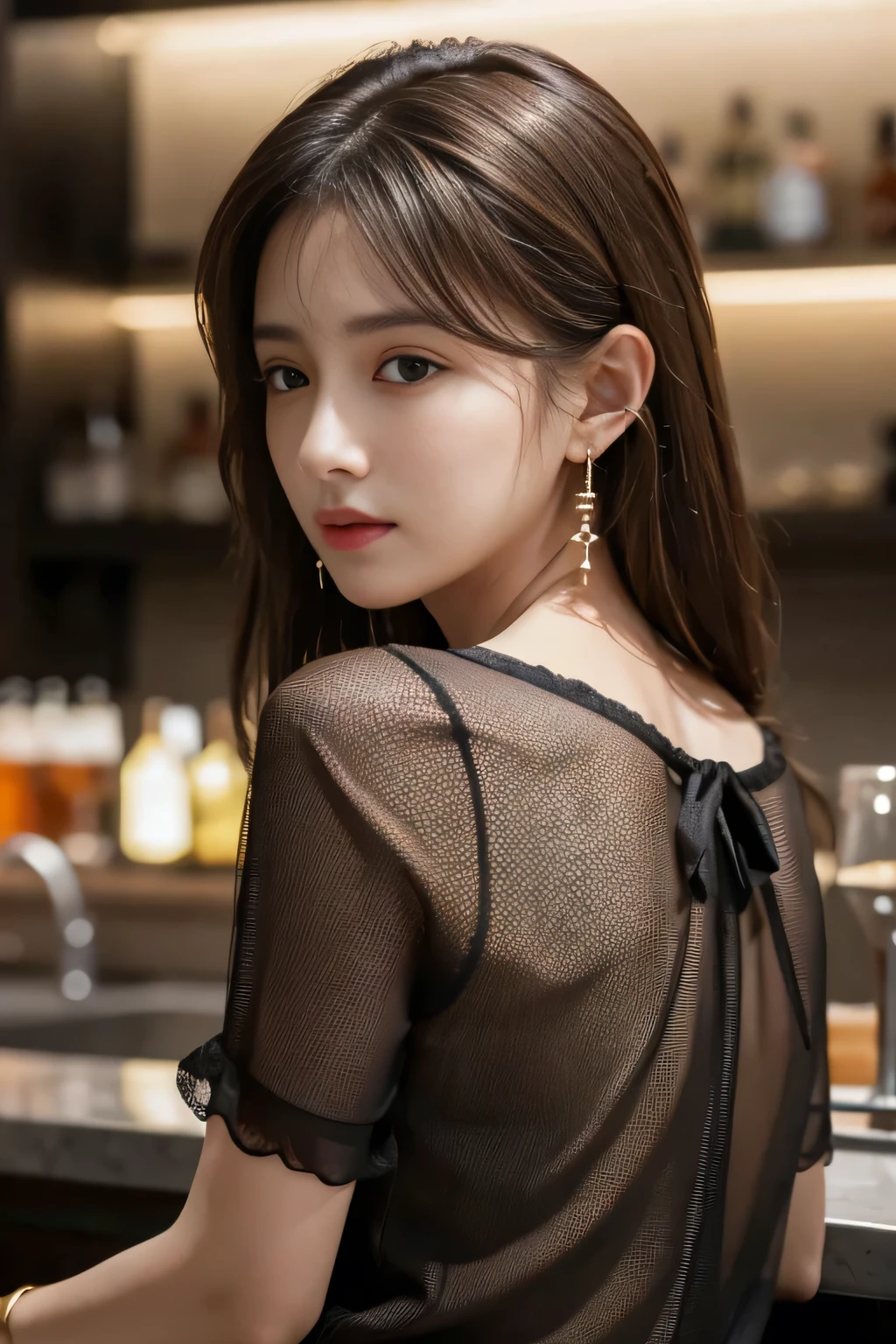 masterpiece, highest quality, Realistic, Very detailed, Finer details, High resolution, 8k wallpaper, One beautiful woman, Wear a black see-through shirt, Great bar counter, At night, Light brown messy hair, Perfect dynamic composition, Beautiful and beautiful eyes、Big earrings、Back view、