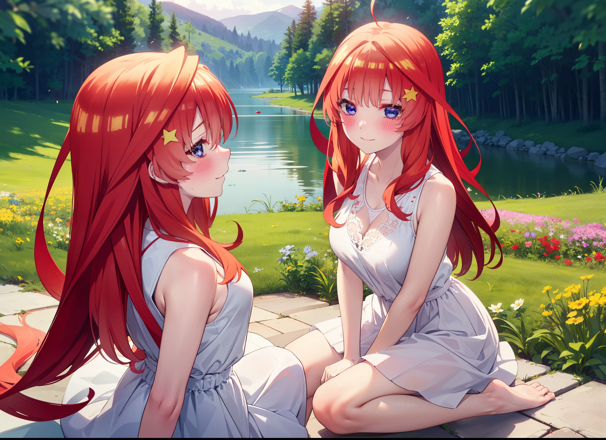 itsukinakano, Itsuki Nakano, bangs, blue eyes, Hair between the eyes, Ahoge, Redhead, star \(symbol\), hair ornaments, star hair ornaments,Big Breasts,Squint both eyes,blush,happy smile, smile, Shut your mouth.,White Sleeveless Dress,Bare arms,Heart Pendant,Long skirt,Barefoot flower crown,whole bodyがイラストに入るように,Sitting,Looking up from below,evening,Sunset,Morning is setting,
break looking at viewer, whole body,
break outdoors, nature,Flower Field,Large Lake,
break (masterpiece:1.2), highest quality, High resolution, unity 8k wallpaper, (shape:0.8), (Beautiful details:1.6), Highly detailed face, Perfect lighting, Extremely detailed CG, (Perfect hands, Perfect Anatomy),
