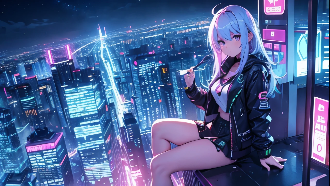 Neon city at night、1 female、Looking down from the top of a building、mini skirt