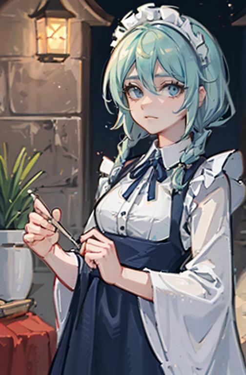 (Obra de arte, arte oficial), 1 garota, Sozinho, cabelo branco, side braids, olhos azuis, (Sakuya Izayoi:1.2), (housekeeper dress), (fechar-se), retrato, (housekeeper), standing, Vista de frente, in the mansion, Gensokyo, at night, escuro, luar, olhando para o espectador, (tronco), sorriso, sedutor, traje atraente, magro, delgado, grandes