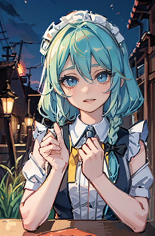 (Obra de arte, arte oficial), 1 garota, Sozinho, cabelo branco, side braids, olhos azuis, (Sakuya Izayoi:1.2), (housekeeper dress), (fechar-se), retrato, (housekeeper), standing, Vista de frente, in the mansion, Gensokyo, at night, escuro, luar, olhando para o espectador, (tronco), sorriso, sedutor, traje atraente, magro, delgado, seios grandes