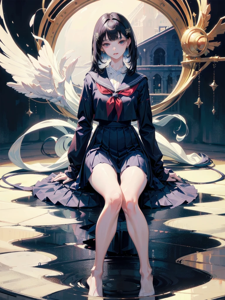 full body, navy blue school_uniform, absurdres, RAW photo, extremely delicate and beautiful, masterpiece, Best Quality, ultra high resolution, 32k, hyperrealistic, ultra-detailed, perfect figure, detailed description, pale skin, 20 years old, detailed beautiful face and eyes, tearful mole, earring, short medium hair, wavy hair, 