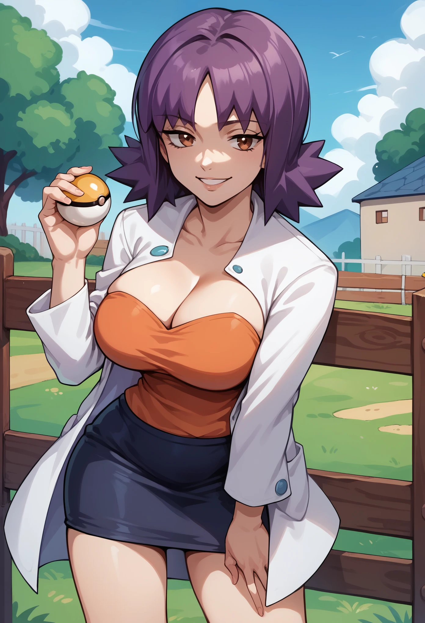 score_9, score_8_up, score_7_up, score_6_up, source_anime, BREAK 1girl, solo, profivy, purple hair, labcoat, orange shirt, cleavage, strapless, pencil skirt,(big breasts:0.7), looking at you, holding poke ball \(basic\), blue sky, fence, looking at you, leaning forward, smile