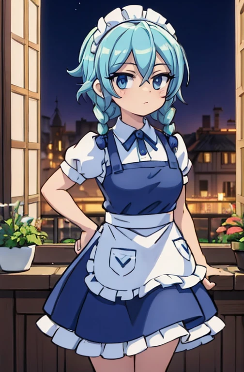 (Obra de arte, arte oficial), 1 garota, Sozinho, cabelo branco, side braids, olhos azuis, (Sakuya Izayoi:1.2), (housekeeper dress), (fechar-se), retrato, (housekeeper), standing, Vista de frente, in the mansion, Gensokyo, at night, escuro, luar, olhando para o espectador, (tronco), sorriso, sedutor, traje atraente, magro, delgado, seios grandes