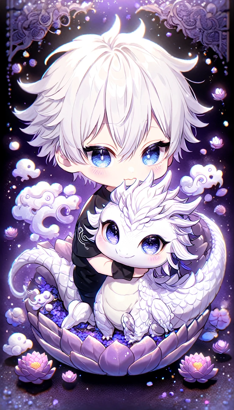 absurdres, highres, ultra detailed, HDR, master piece, best quality, Gojo Satoru chibi, white hair, with bangs, hair between the eyes, expressive blue eyes, white eyelashes, Jujutsu Kaisen, solo, cute, hugging a white dragon, white jacket, black shirt, patterns, magical, fantasy, purple background, purple lotus, shining, purple petals