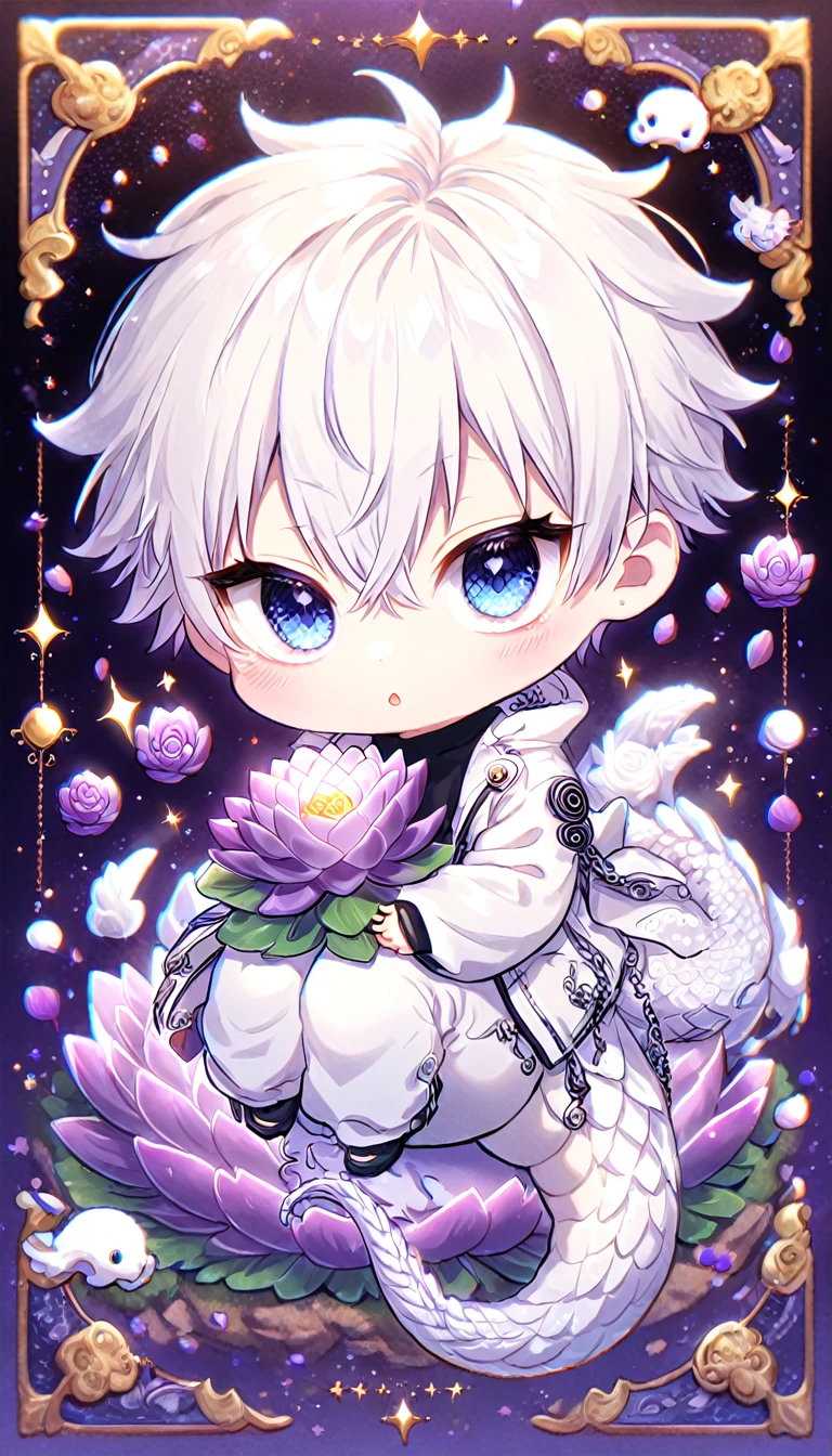 absurdres, highres, ultra detailed, HDR, master piece, best quality, Gojo Satoru chibi, white hair, with bangs, hair between the eyes, expressive blue eyes, white eyelashes, Jujutsu Kaisen, solo, cute, hugging a white dragon, white jacket, black shirt, patterns, magical, fantasy, purple background, purple lotus, shining, purple petals