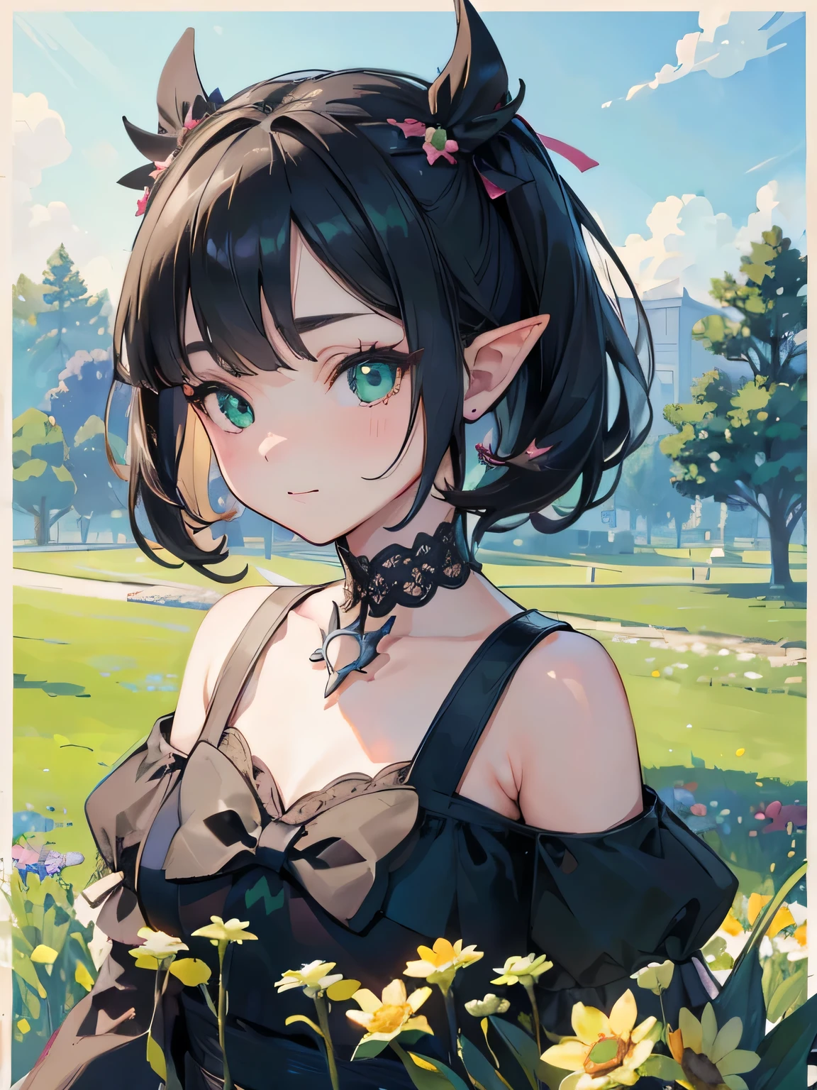 ((best quality)), ((masterpiece)), (detailed), perfect face, elf, young girl, black hair, bangs, green eyes, black dress, flowers, pink flowera, happy, happy, sunny, green grass, lawn, white lace choker, romantic, soft smile, looking at viewer, portrait, flat, ribbons, ((marnie pokemon)), (detail eyes)