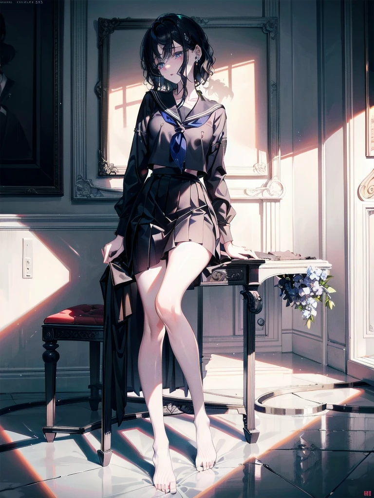 full body, navy blue school_uniform, absurdres, RAW photo, extremely delicate and beautiful, masterpiece, Best Quality, ultra high resolution, 32k, hyperrealistic, ultra-detailed, perfect figure, detailed description, pale skin, 20 years old, detailed beautiful face and eyes, tearful mole, earring, short medium hair, wavy hair,