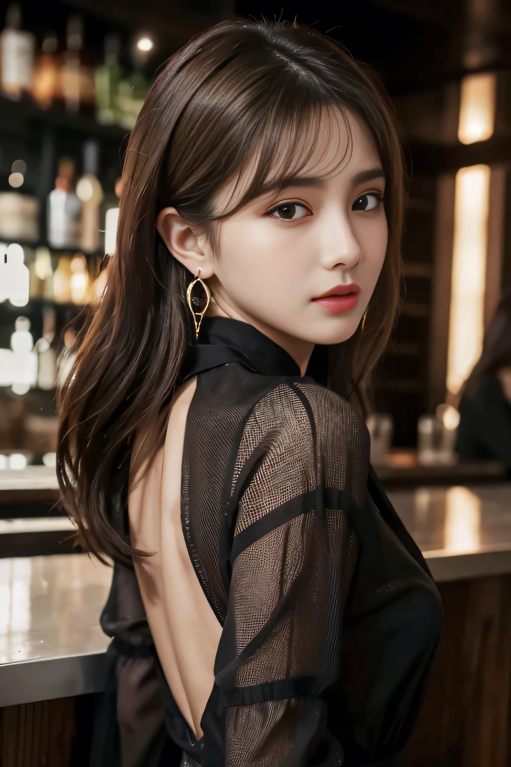 masterpiece, highest quality, Realistic, Very detailed, Finer details, High resolution, 8k wallpaper, One beautiful woman, Wear a black see-through shirt, Great bar counter, At night, Light brown messy hair, Perfect dynamic composition, Beautiful and beautiful eyes、Big earrings、Back view、