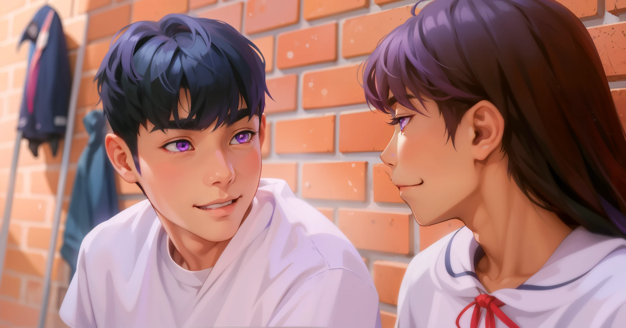 (estilo anime 2d plano)cute 16 year old boy speaks evil with hate with a mischievous smile malevolent irony purple hair purple eyes aura of evil he is dangerous murderer