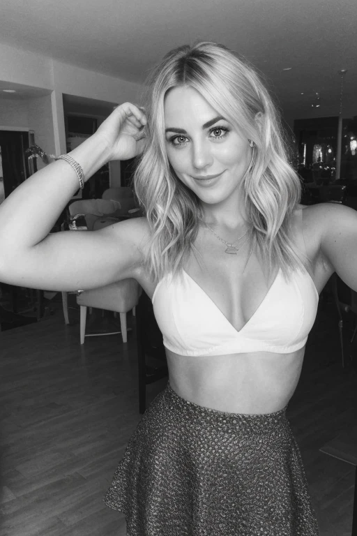a selfie of a 25 year old girl, (Kaley Cuoco:0.8), (Camilla Belle:0.9), (eugenie bouchard:0.7), taken with iphone camera , arm raised, party dresbeauty, beautiful girl, black and white photography, hard contrast, hard shadows, skirt, smirk, cute makeup