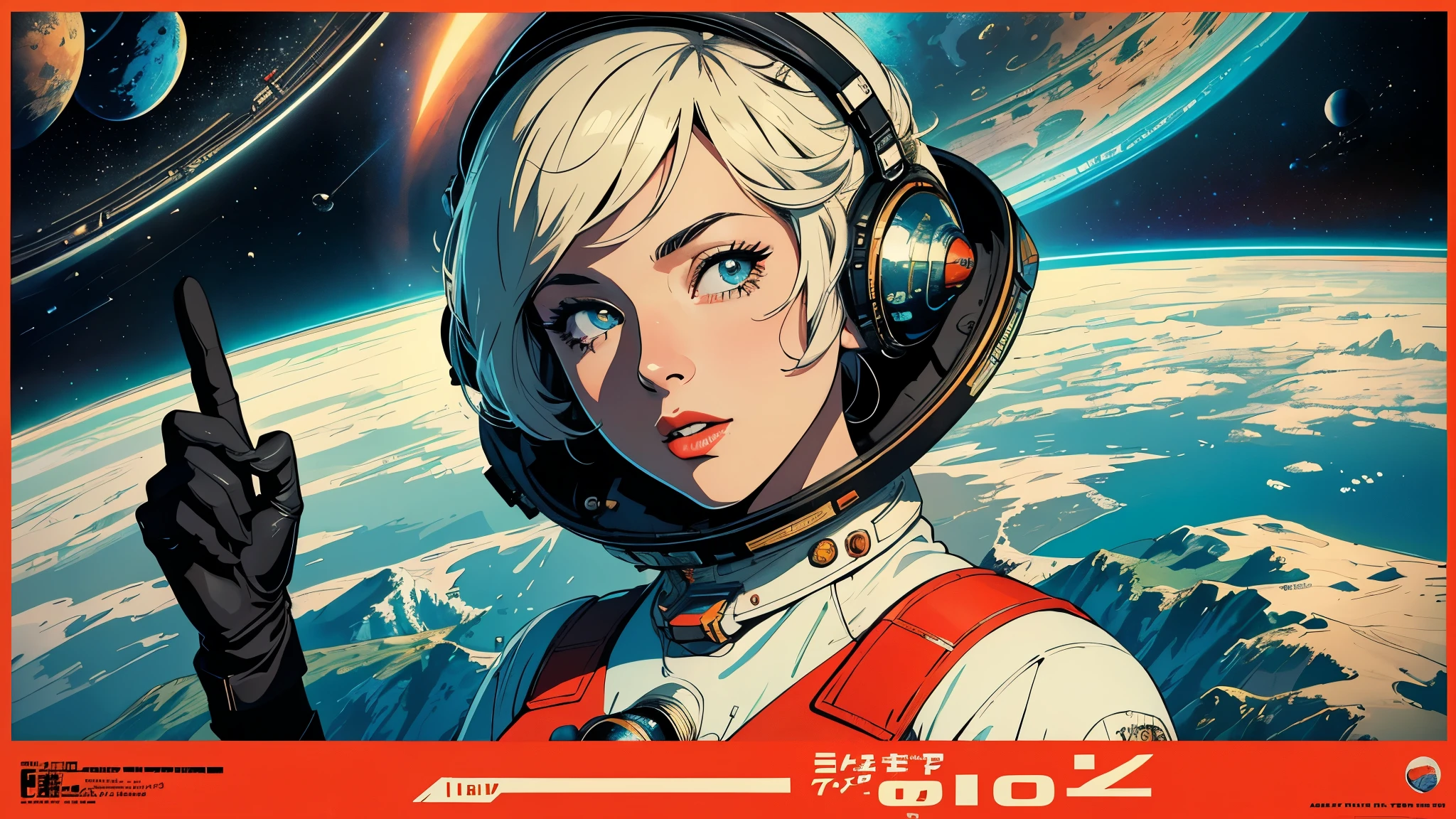 (masterpiece, highest quality), 8k wallpaper, very detailed, poster, vintage science fiction, 1960s,(((space thriller cinematic movie poster))), (bauhaus), shape,abstract, mid century modern, movie poster, vintage, Perfect Lady,anime,1970's,halftone,speech bubble