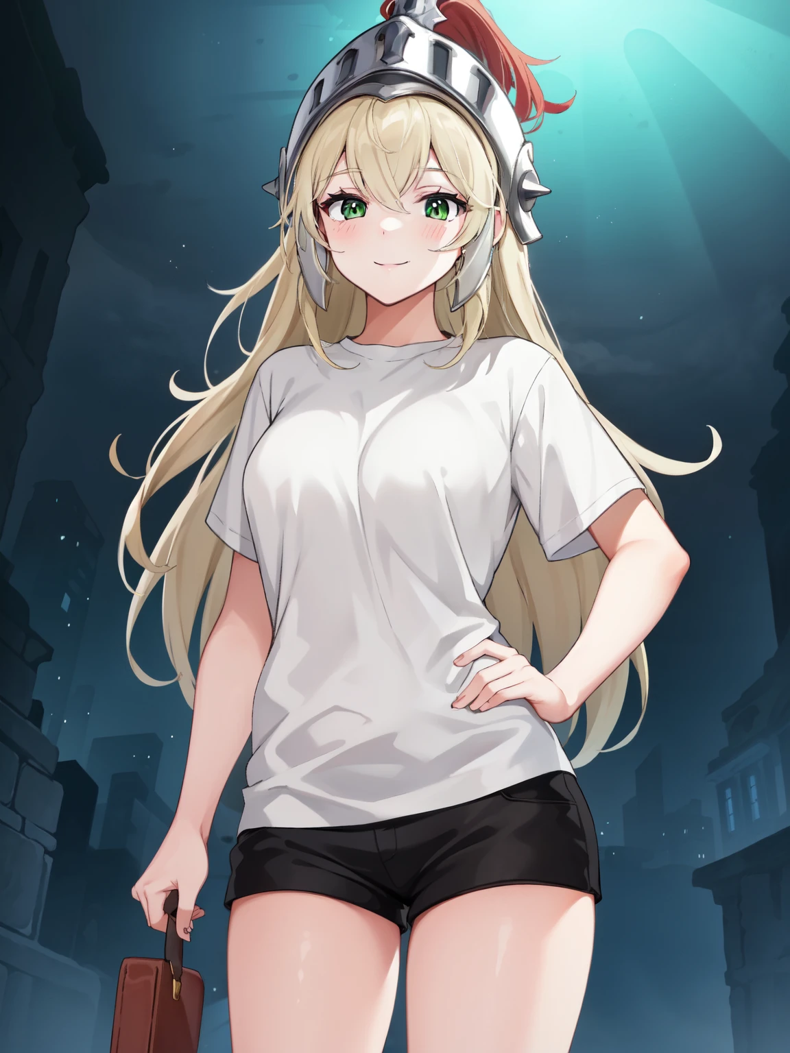 1girl, female_knight_(guardian_tales), platinum blonde hair, green eyes, long hair, knight helmet, white shirt, black shorts, standing, casual clothes, light smile