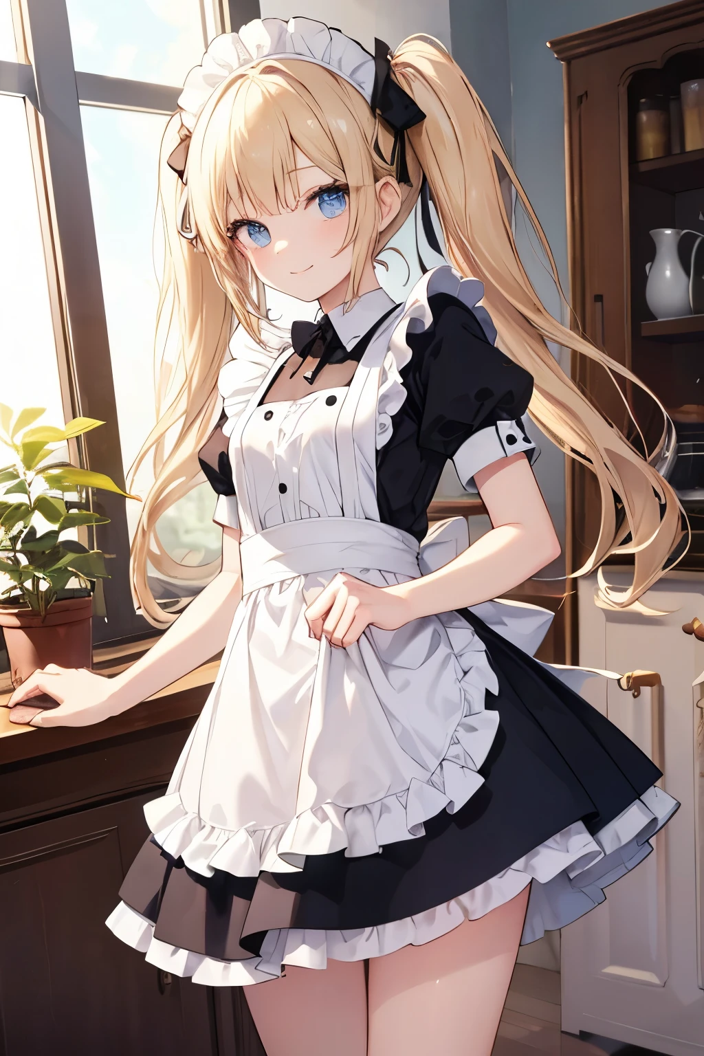 Blonde、Blue Eyes、girl、Small breasts、Twin tails、girl、Small breasts、ta、Bright smile、Looks about 15 yan Musume、He is short、Eye highlights、Sexy thighs、Wearing maid uniform、Have a coffee