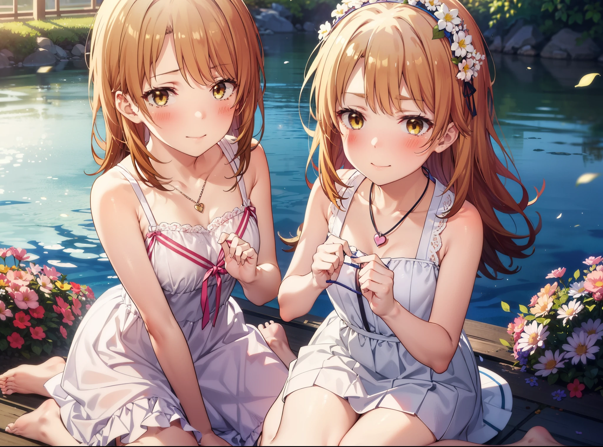 irohaisshiki, iroha isshiki, One Girl,Long Hair, Brown Hair, (Brown eyes:1.5), Medium chest, Squint both eyes,blush,happy smile, smile, Shut your mouth.,White Sleeveless Dress,Bare arms,Heart Pendant,Long skirt,Barefoot flower crown,whole bodyがイラストに入るように,Sitting,Looking up from below,
break looking at viewer, whole body,
break outdoors, nature,Flower Field,Large Lake,
break (masterpiece:1.2), highest quality, High resolution, unity 8k wallpaper, (shape:0.8), (Beautiful details:1.6), Highly detailed face, Perfect lighting, Extremely detailed CG, (Perfect hands, Perfect Anatomy),