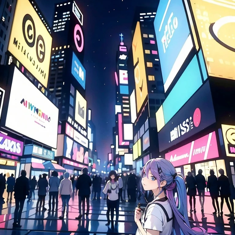 2 meninas、rainbow hair、parca、alpercatas、cabelos lisos、fones de ouvido、longo、(Sentado no meio da estrada)、a noite、neon、Times Square、ciberpunk、Harajuku、Pirulitos、garota da escola、Uma minissaia、colorido