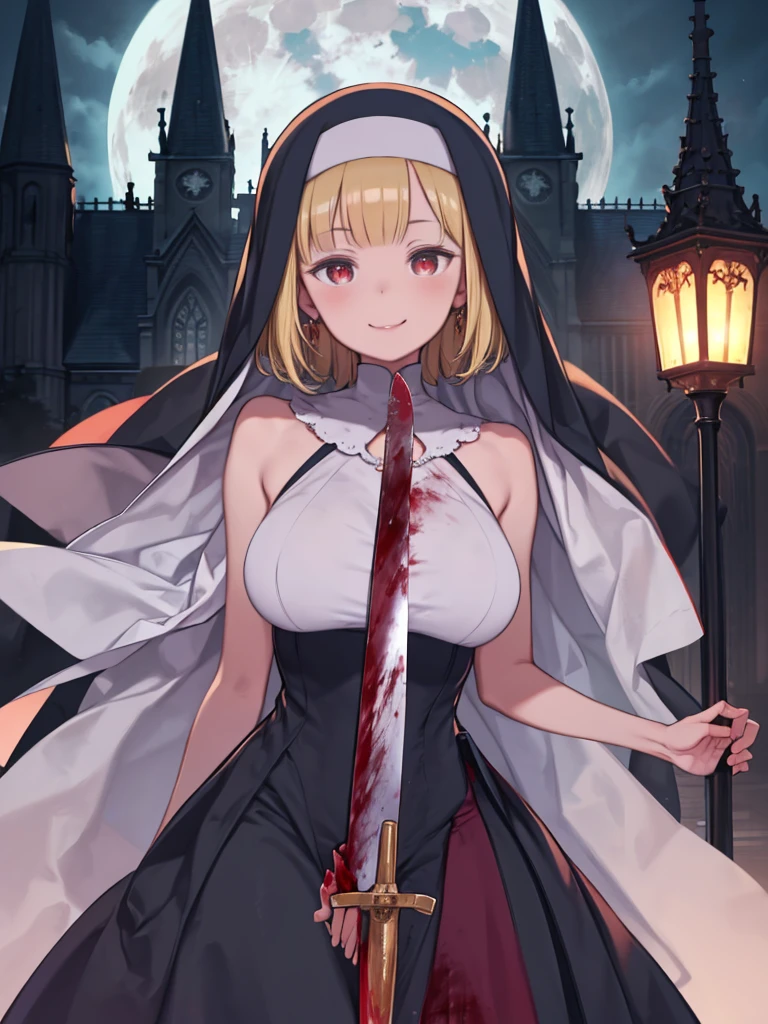 masterpiece、highest quality、High resolution、Very detailed、Girl、Big Breasts、Nuns、Boneyard、blonde、Red Eyes、Veil、Wicked Smile、laughing、outside、church、night、moon、((holding a bloody knife、bloody face))、