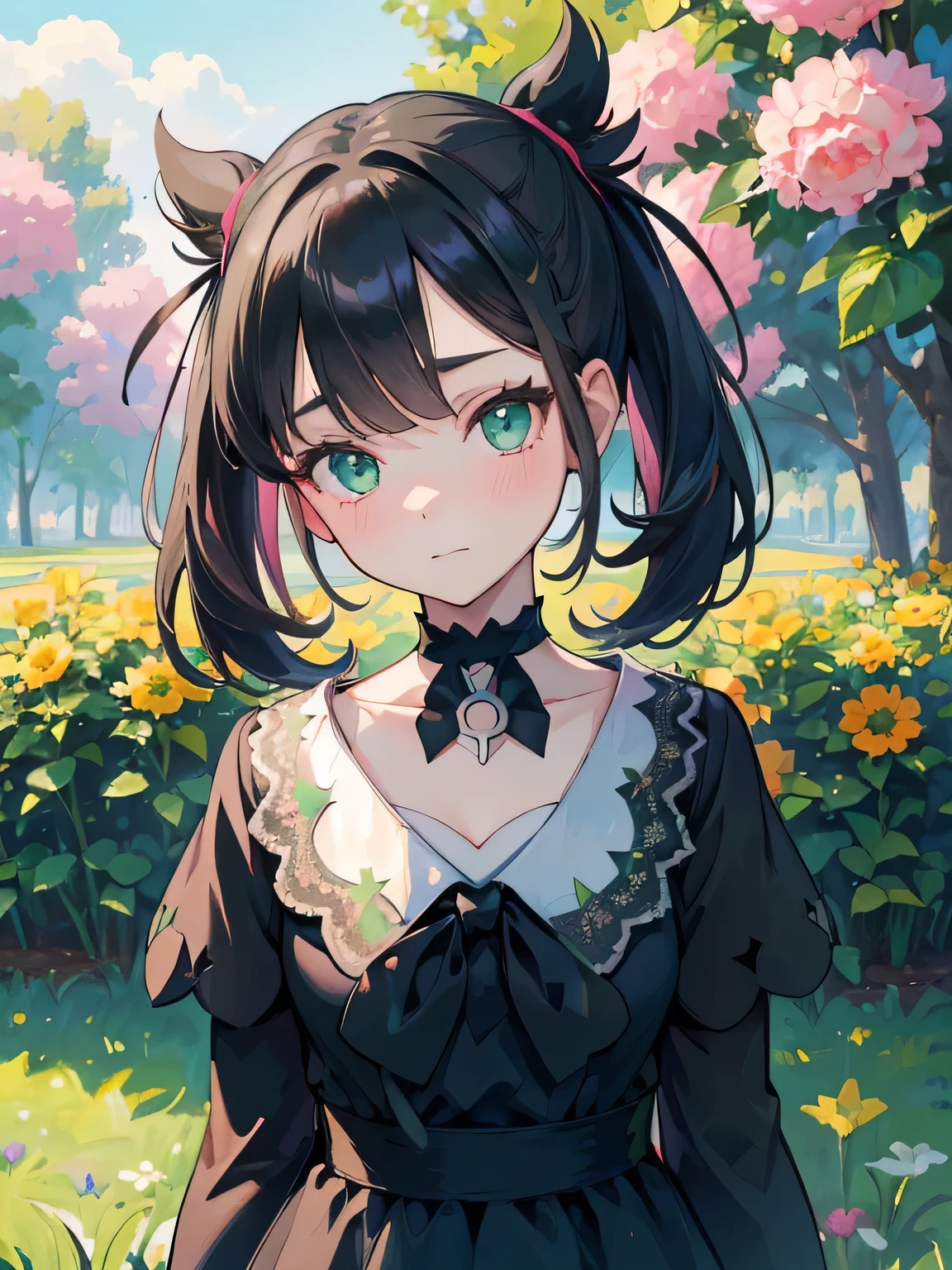 ((best quality)), ((masterpiece)), (detailed), perfect face, young girl, black hair, bangs, green eyes, black dress, flowers, pink flowera, happy, happy, sunny, green grass, lawn, white lace choker, romantic, soft smile, looking at viewer, portrait, flat, ribbons, ((marnie pokemon)), (detail eyes), (shy)