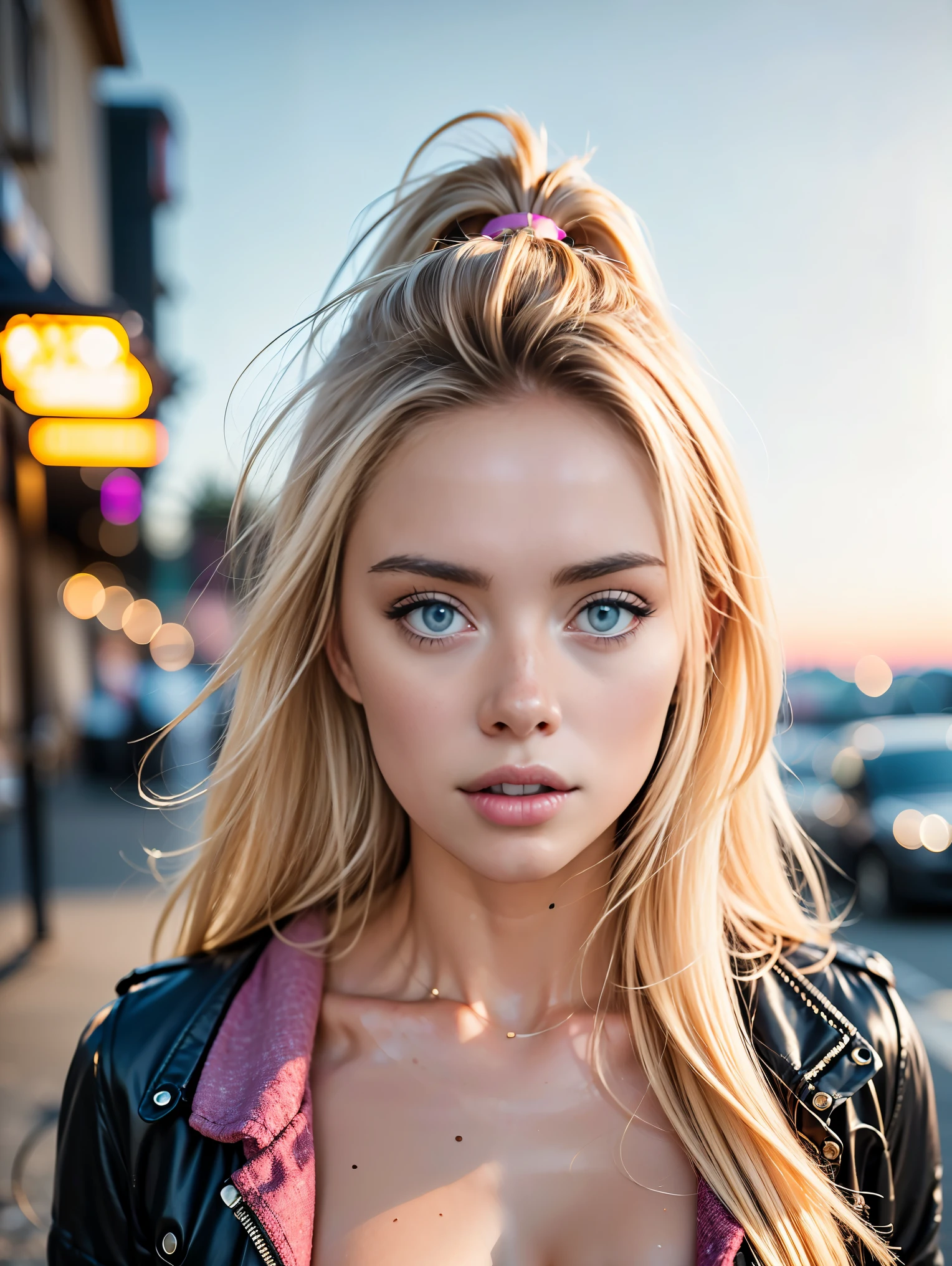 22 year old woman, blue eyes, extremely beautiful, masterpiece,((yellow-blue-pink)) black hair, (((surprised face))), ((perfect expression blue eyes)), long hairstyle, bangs, wearing pastel colorstyle cropped t-shirt with stylish and garish multi colored printed jacket, polka dots, large-breasted, multicolor wall background, , staring at camera, ((colorful theme)), eos 5D mark iv with 50mm, ultra highres photography, 8k wallpaper, soft rim light, ((masterpiece, photorealistic, best quality, hyperdetailed:1.2)), pulling shirt, deep cleavage, busty, glasses stuck on top of hair, colourful chest tattoo