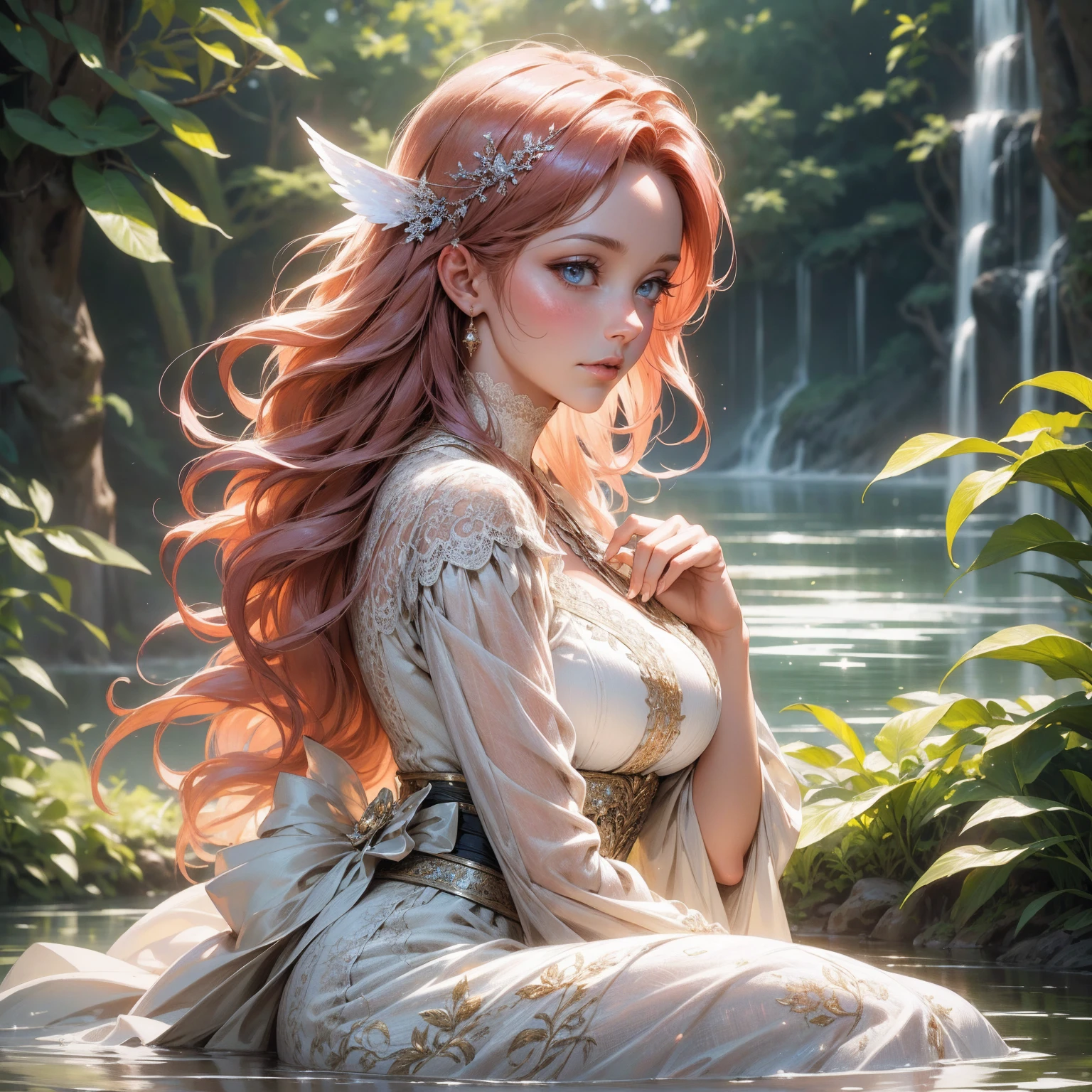 {-erro_de_anatomia:1.0}(best quality,4k,8k,highres,masterpiece:1.2), ultra-detailed, (realistic,photorealistic,photo-realistic:1.37), mature milf, illyasviel von einzbern, redhead hair, upper body, vibrant colors, glowing skin, mesmerizing eyes, brown eyes, elegant pose, enchanting background, delicate lace dress, surreal lighting, ethereal atmosphere, mystical aura, intricate details, artistic medium, digital illustration, fantasy, anime, sitting on the water, backwards, looking back