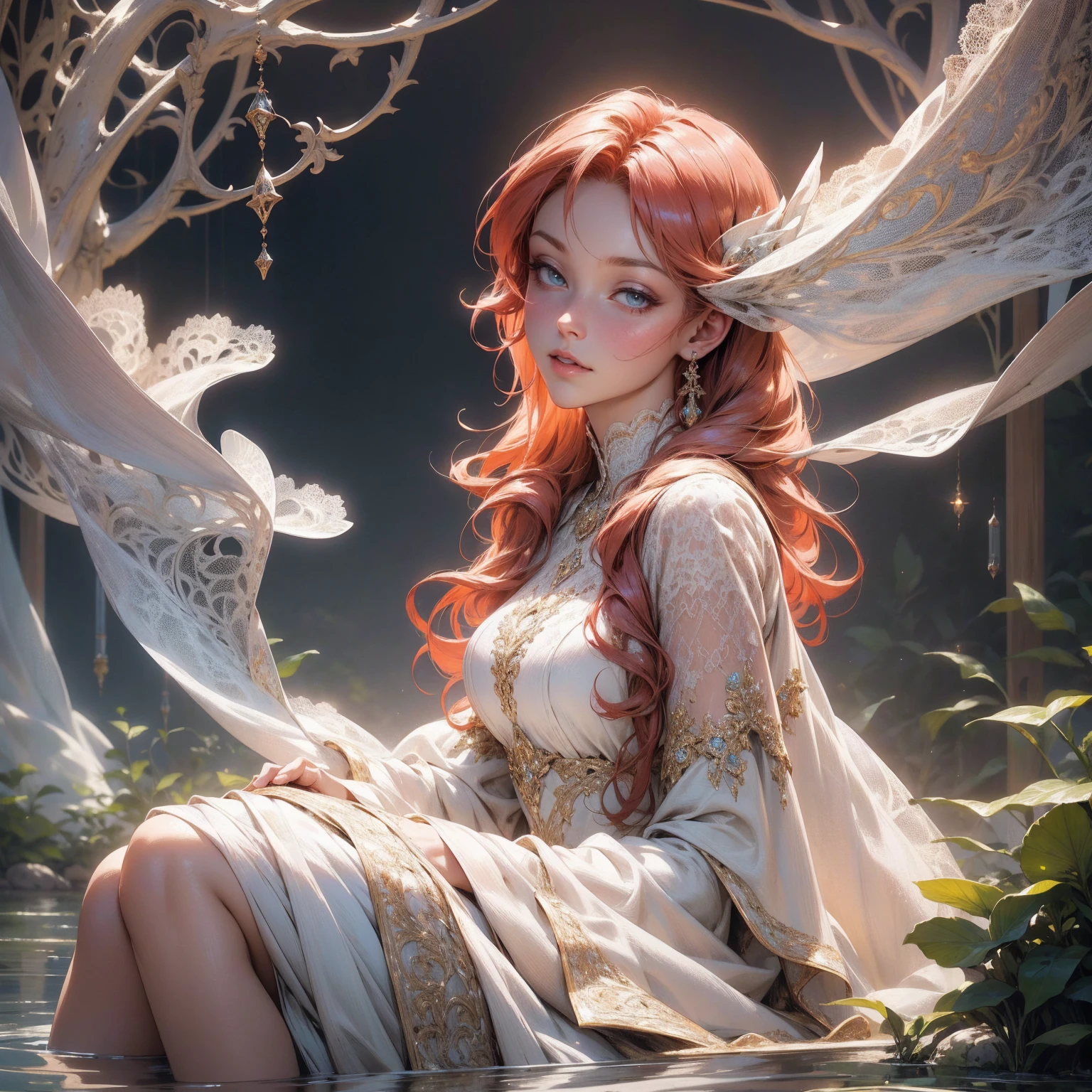 {-erro_de_anatomia:1.0}(best quality,4k,8k,highres,masterpiece:1.2), ultra-detailed, (realistic,photorealistic,photo-realistic:1.37), mature milf, illyasviel von einzbern, redhead hair, upper body, vibrant colors, glowing skin, mesmerizing eyes, brown eyes, elegant pose, enchanting background, delicate lace dress, surreal lighting, ethereal atmosphere, mystical aura, intricate details, artistic medium, digital illustration, fantasy, anime, sitting on the water, backwards, looking back