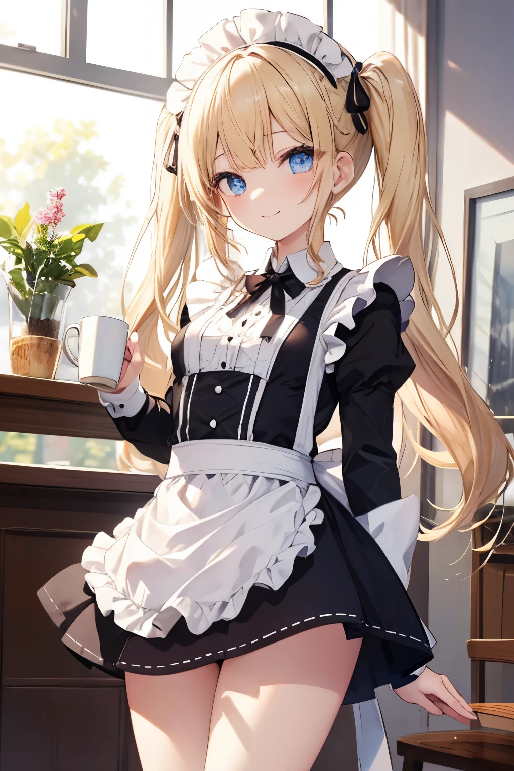 Blonde、Blue Eyes、girl、Small breasts、Twin tails、girl、Small breasts、Lolita、Bright smile、Looks about 15 years old、Petan Musume、He is short、Eye highlights、Sexy thighs、Wearing maid uniform、Have a coffee